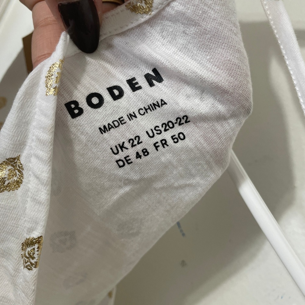 Boden White Gold Metallic Foil Print Tie Back Top Slub US 20-22 NWT - Picture 2 of 7